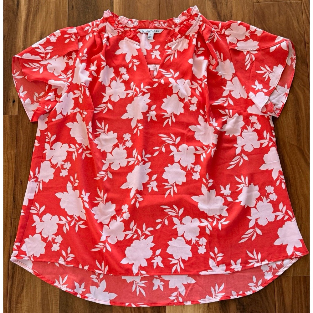 41 Hawthorn Women's Orange/White Floral V-Neck Ruffle Flutter Blouse 1X Plus